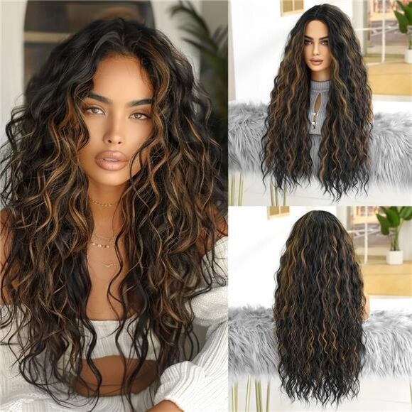 Long Black with Brown Highlights Wig Wavy Wigs for Black Women Natural